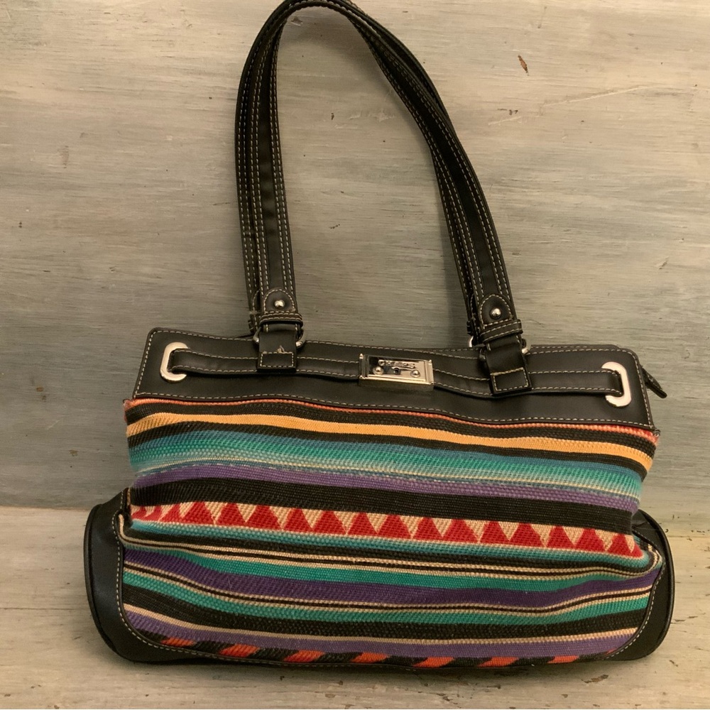 CHAPS Black Faux Leather Canvas Southwestern Print Shoulder Bag Purse 13x10x5 GC
